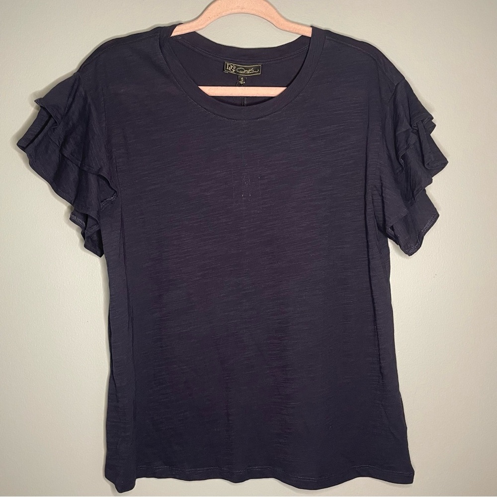 DG2 DIANE GULMAN NWT VTG Graphic Shirt Navy Blue Flutter Sleeve Solid Tee SZ/S